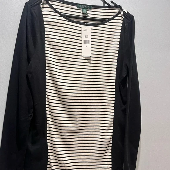Women's Lauren Ralph Lauren XL /White Black Striped Long Sleeve Shirt Top NWT - Picture 2 of 9